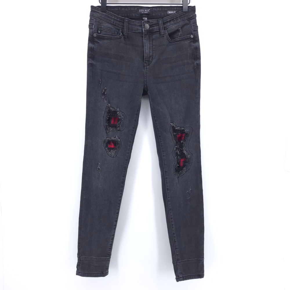 Judy Blue Womens Skinny Jeans Size 7/28 Black Distressed Plaid Patch Grunge Punk